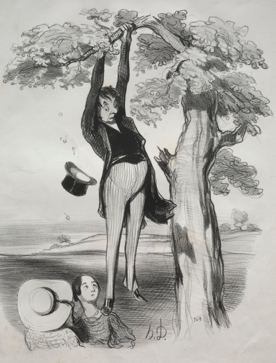 Pastorales, 2. tábla: A szilvafa túl erőteljes megrázásának veszélyei..., 1845. alkotó: Honoré Daumier