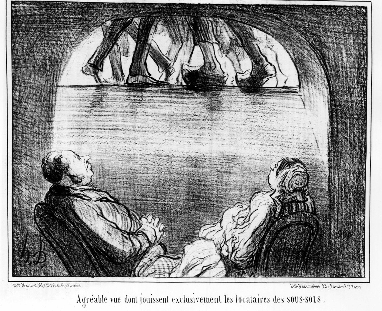 Kellemes kilátást kizárólag a pincék bérlői élvezhetnek, Honore Daumier (1808-1879) rajzfilmsorozatából, a „Bérlők és tulajdonosok” című filmből. "Macskazene" alkotó: Honoré Daumier