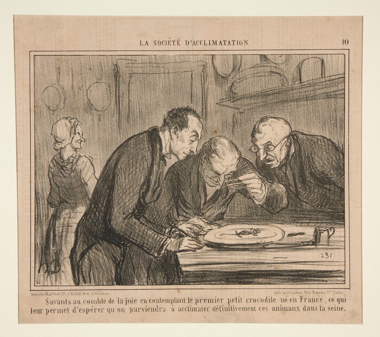 Tudósok az öröm csúcsán az első kis krokodilról elmélkedve alkotó: Honoré Daumier