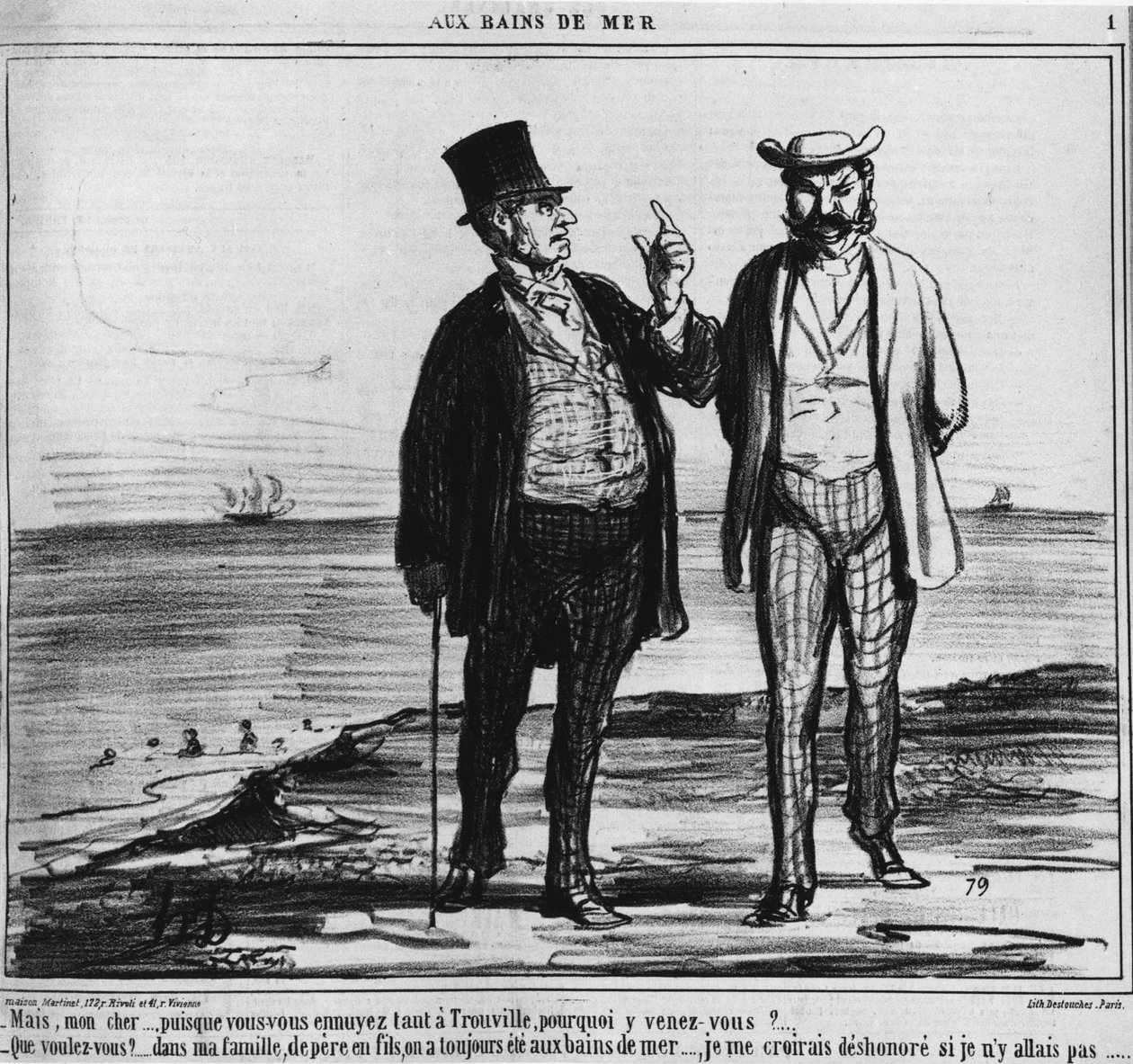 Tengerparti fürdők: párizsiak a tradíciók és családi szokások súlyú trouville-i strandján – Honore Daumier, „Charivari”-ban, 1859.08.25-től alkotó: Honoré Daumier