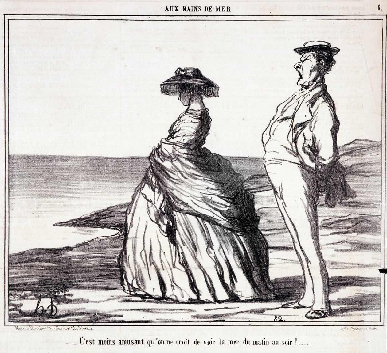 Serie "" Les Bains de Mer"": "" Kevésbé szórakoztató, mint gondolnád reggeltől estig látni a tengert! "" Rajzfilm a turistákról nyaralni. Honore DAUMIER (1808-1879) metszete. Kivonat a „Le Charivari” című újságból, szeptember 9 alkotó: Honoré Daumier