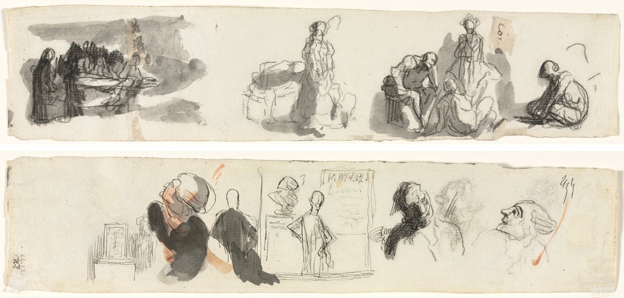 Tanulmányi lap négy figurából álló csoporttal jobbra (recto) Különféle figurák vázlatai (fordítva) alkotó: Honoré Daumier