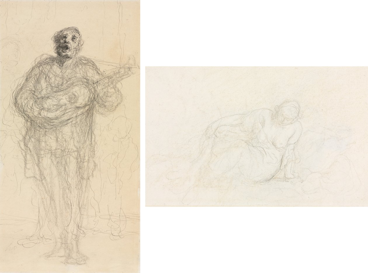 Éneklő gitáros (recto); Fekvő nő a karjára támaszkodva (verso) alkotó: Honoré Daumier