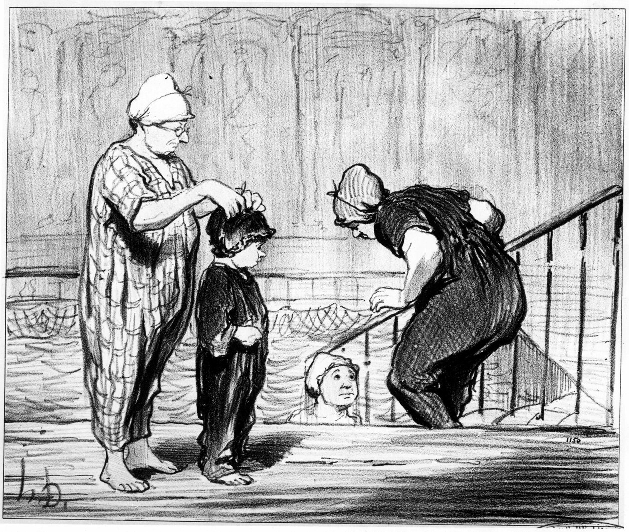 Uszoda: illusztráció Honore Daumier (1808-1879) úszásról és a négytollas fürdőről szóló "" Summer sketch"" rajzfilmsorozatából. „Charivari”, 1850 körül. alkotó: Honoré Daumier