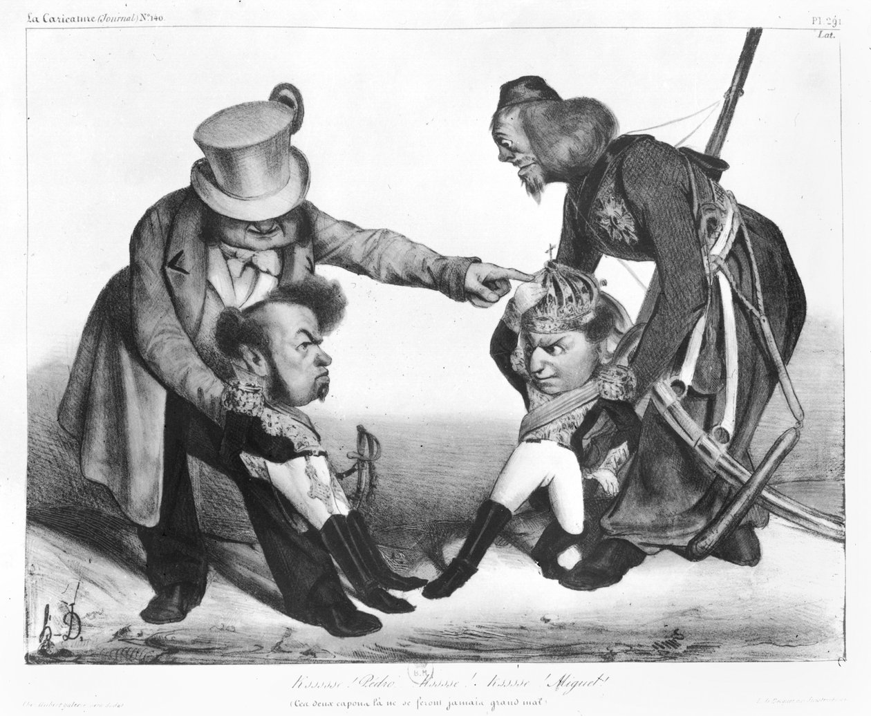 A portugáliai polgárháború konfliktusba hozva I. Pedro (1798-1834) brazil császárt és Portugália királyát, valamint Dom Miguelt (1802-66), a „La Caricature”, N 140, 1832-34 alkotó: Honoré Daumier