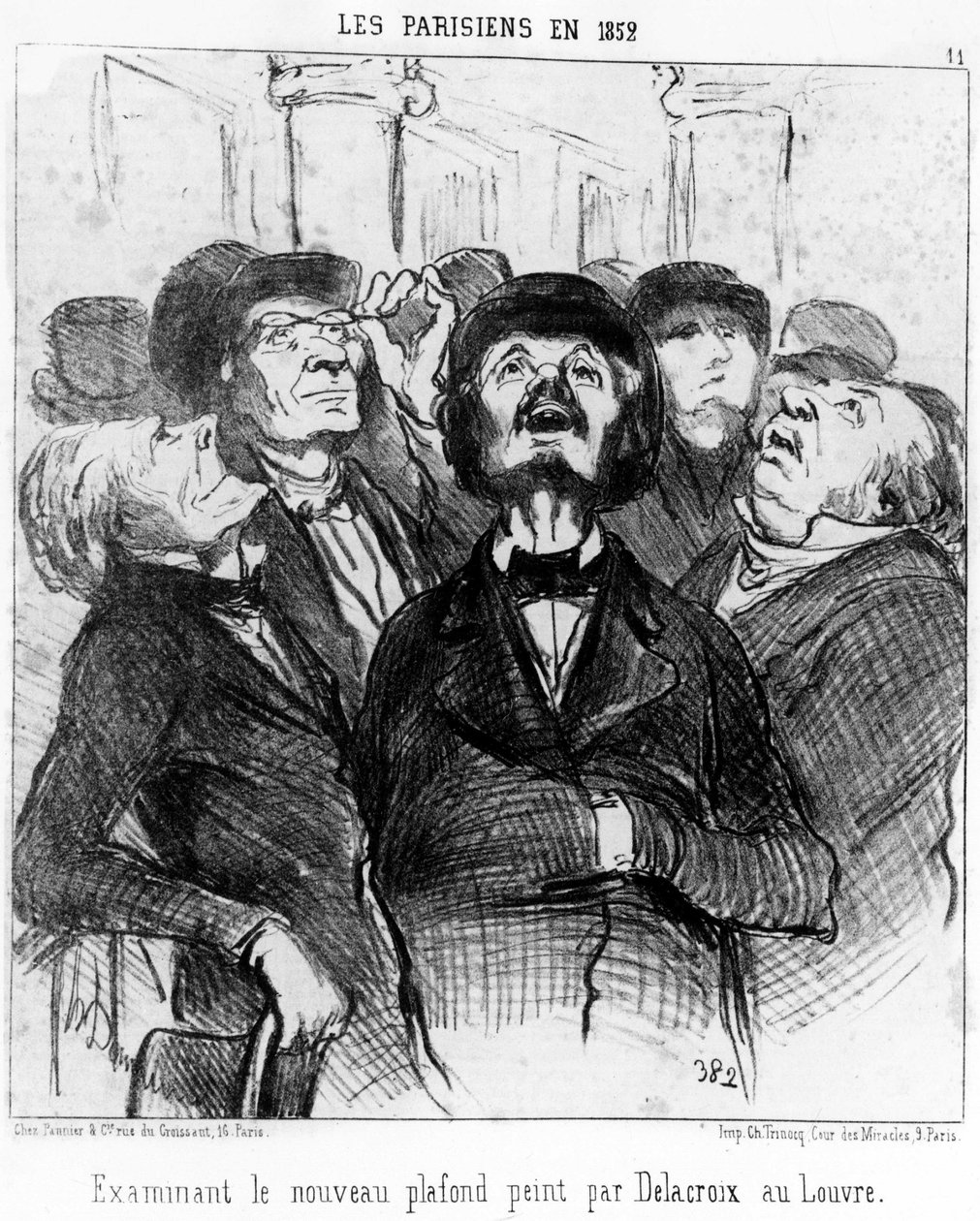 A párizsiak 1852-ben a Delacroix által a Louvre-ban festett új mennyezetet vizsgálva, Honore Daumier (1808-1879) „Festmények és szalonok” című karikatúrasorozatából. "Macskazene" alkotó: Honoré Daumier