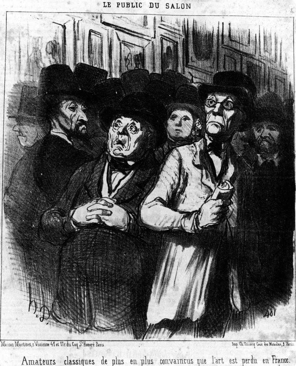 Az előadás közönsége. A klasszikus amatőrök egyre inkább meg vannak győződve arról, hogy a művészet elveszett Franciaországban, Honore Daumier (1808-1879) „Festmények és szalonok” című rajzfilmsorozatából. "Macskazene" alkotó: Honoré Daumier