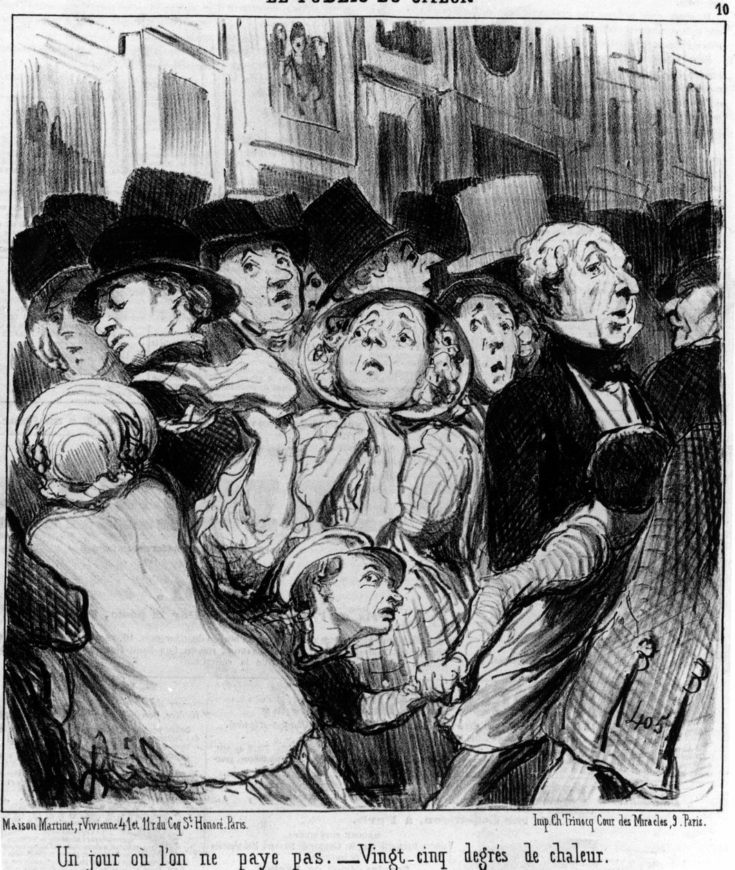 Az előadás közönsége. Egy nap nem fizetsz. Huszonöt fokos hőség, Honore Daumier (1808-1879) rajzfilmsorozatából, a „Festmények és szalonok” c. "Macskazene" alkotó: Honoré Daumier