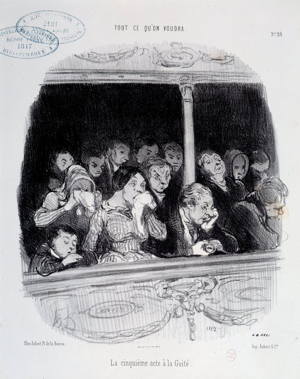 Az ötödik felvonásban a közönség Gaite-kifejezései láthatók a műsor alatt (unalom, fáradtság, desinteret) Honore Daumier (1808-1879) karikatúrája. 19. századi párizsi musee Carnavalet alkotó: Honoré Daumier