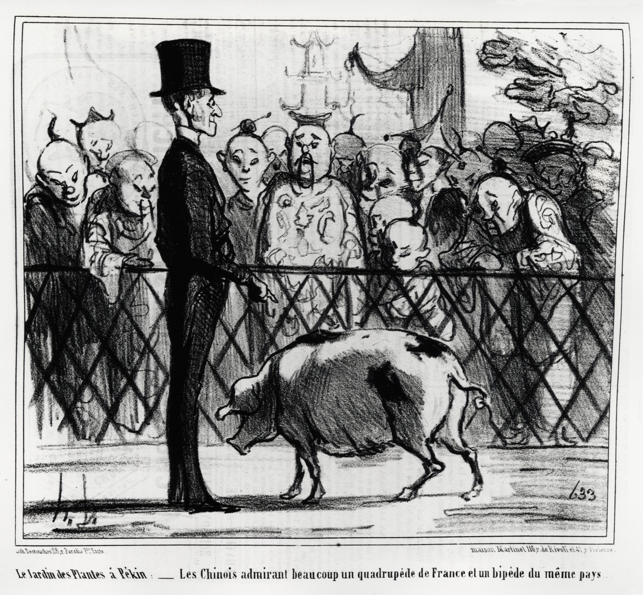 A pekini növények kertje: a kínaiak Franciaország négylábújában és ugyanazon ország sípolójában gyönyörködnek. Illusztráció: Honore Daumier (1808-1879), megjelent a „Charivari”, China Actualites alkotó: Honoré Daumier
