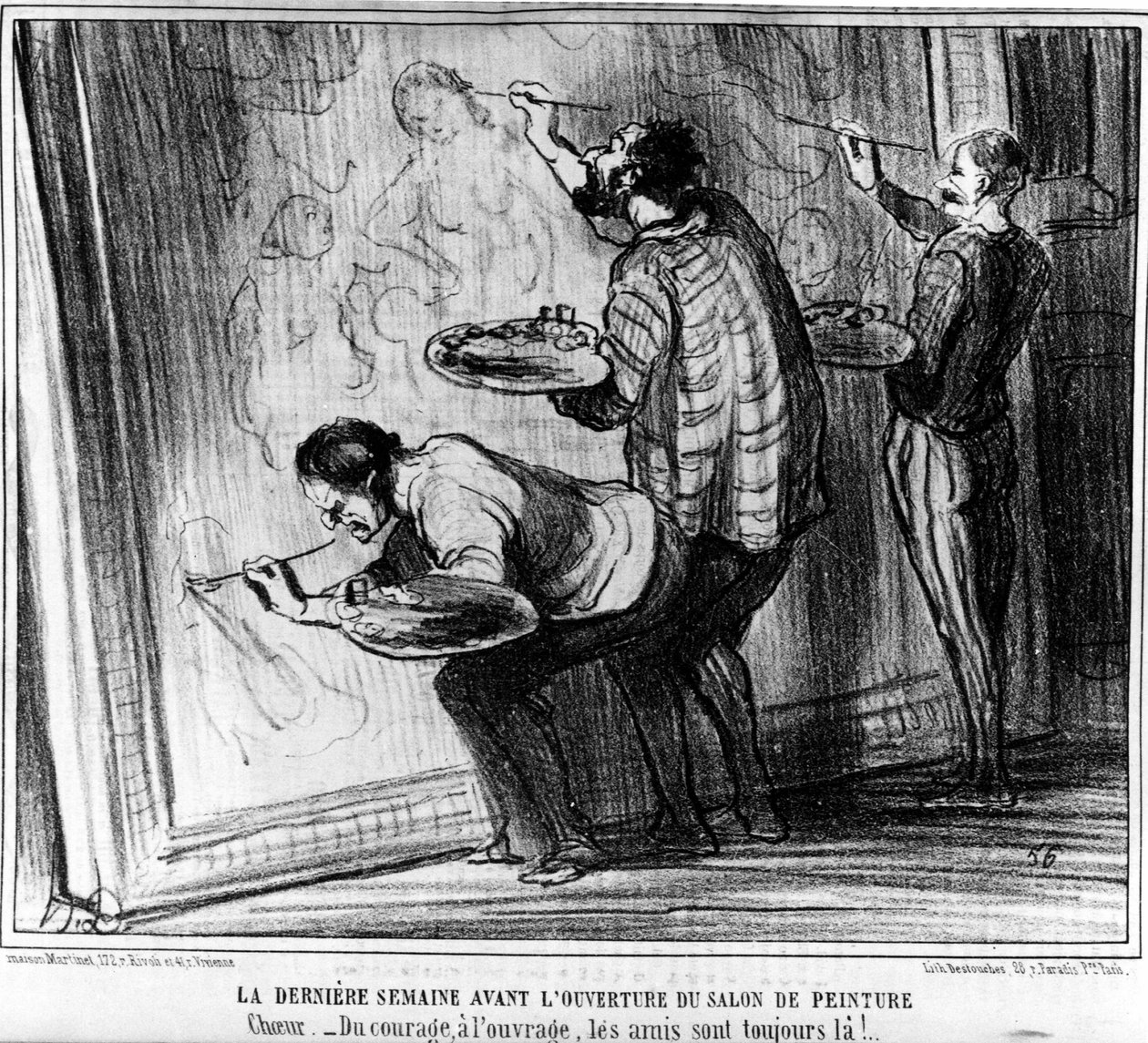 Az utolsó hét a Salon de Peinture megnyitása előtt. Átgondoltság - A bátorságtól a munkáig a barátok mindig ott vannak!... , Honore Daumier (1808-1879) rajzfilmsorozatából, a „Festmények és szalonok” című filmből. "Macskazene" alkotó: Honoré Daumier