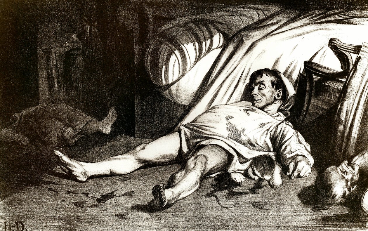 A Rue Transnonain mészárlása 1834. 04. 14-én: a párizsi Rue Transnonain 12. szám alatti épület lakóit a katonaság egyik tisztjük halála után újra megölte - Honore Daumier (1808-1879) litográfiája 1837. Magángyűjtemény alkotó: Honoré Daumier