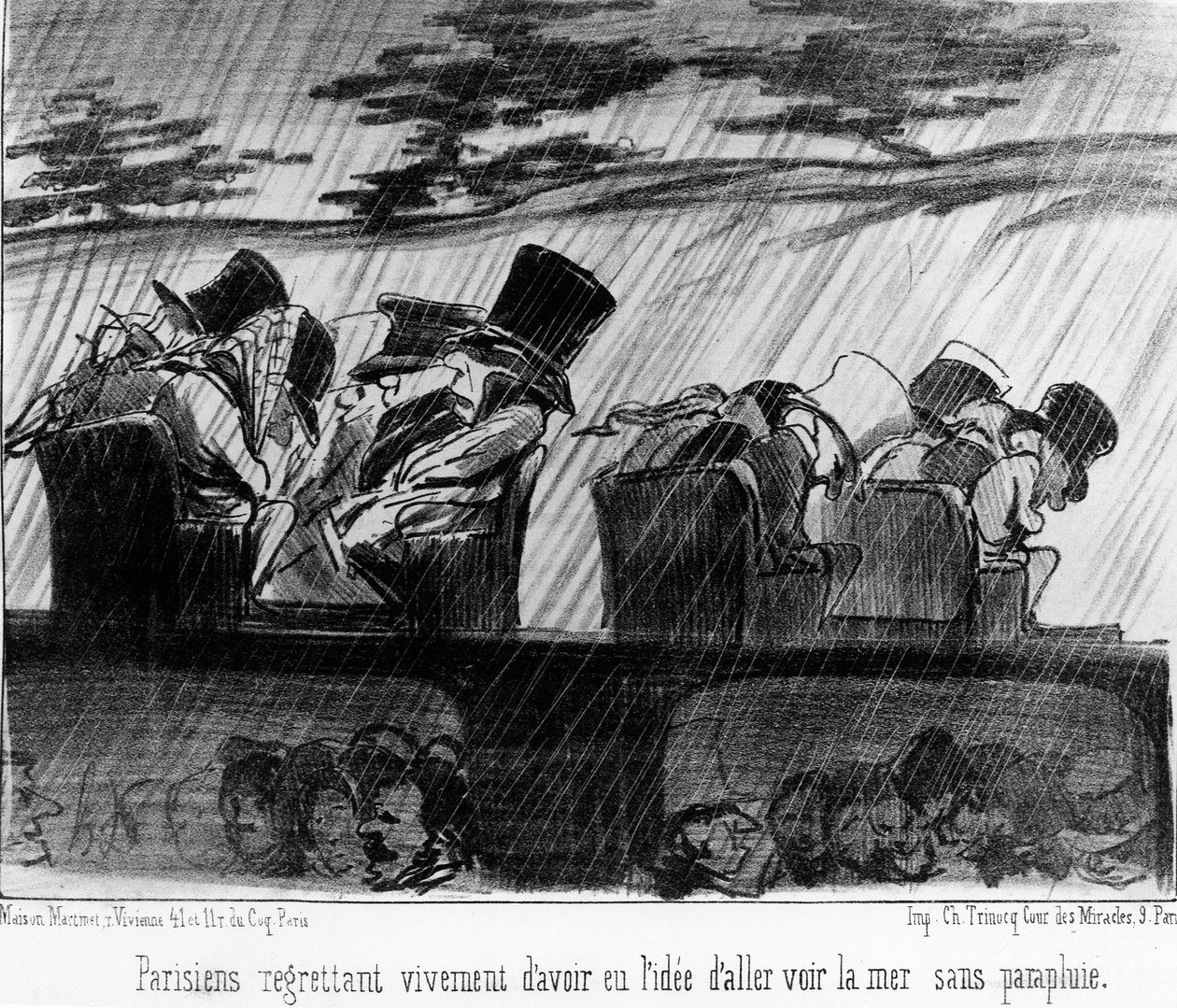 Örömvonatok: utazók az esőben - Daumiernél, „Charivari”-ban, 1852.08.28. alkotó: Honoré Daumier