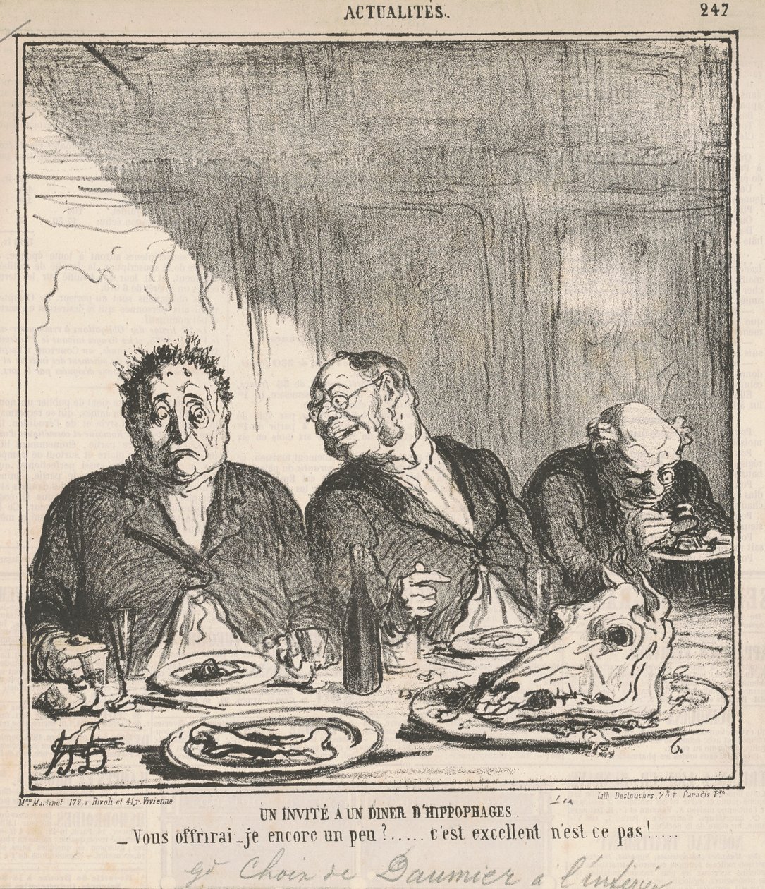 Vendég a lóevők vacsoráján: Megkínáljak még egy kicsit? Ez nagyszerű, nem? alkotó: Honoré Daumier