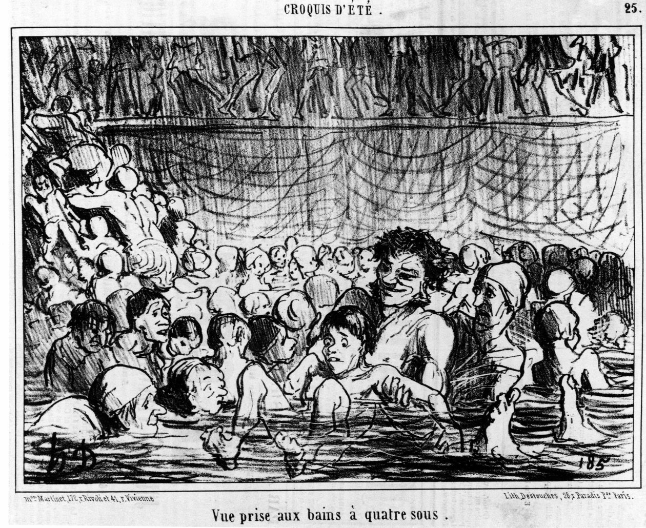 Kilátás a négyes fürdőből: illusztráció Honore Daumier (1808-1879) úszásról és a négytollas fürdőről szóló "" Sketch d