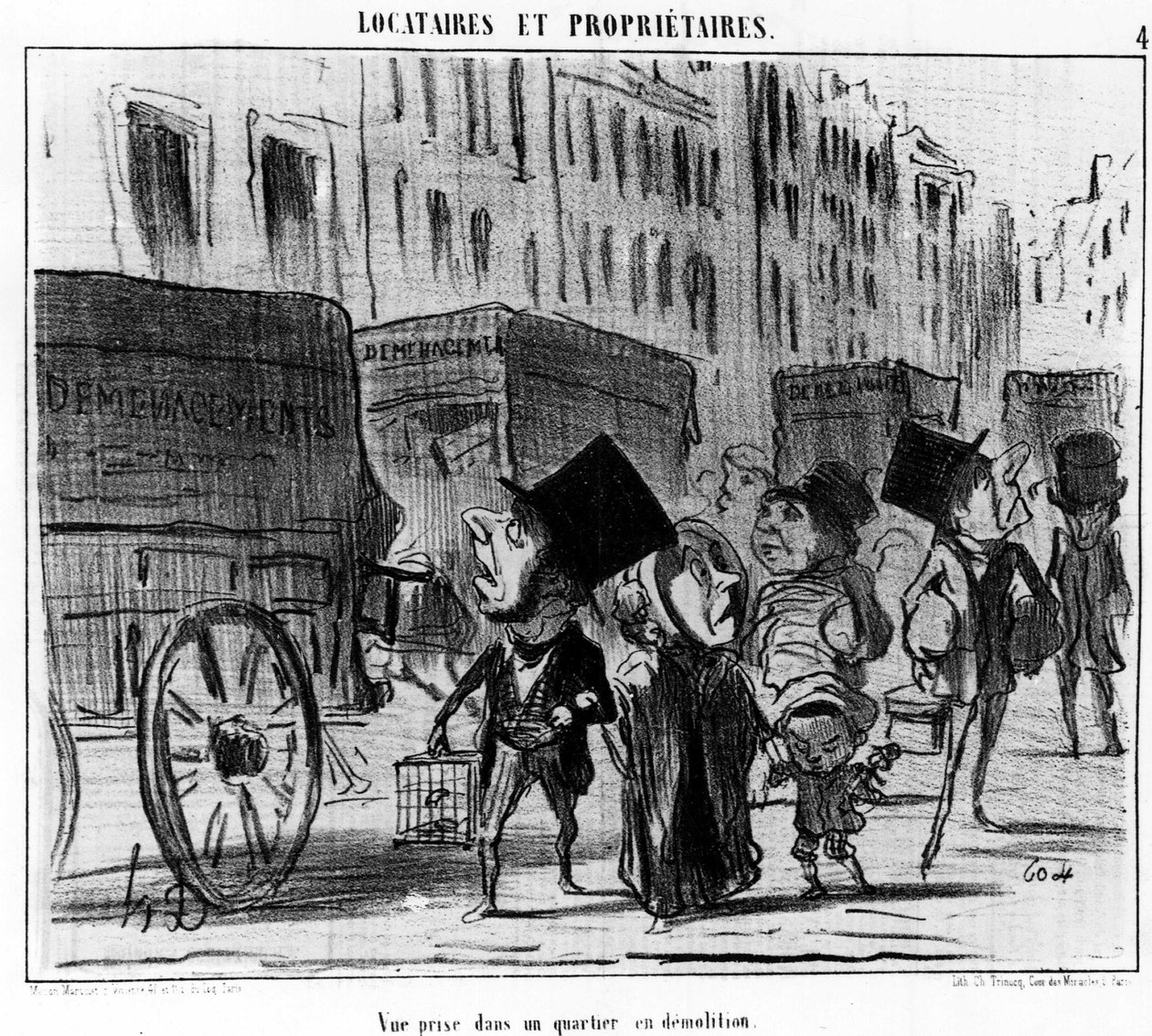 Egy bontott környéken készült kép, Honore Daumier (1808-1879) rajzfilmsorozatából, a „Bérlők és Proprietaires” című filmből. "Macskazene" alkotó: Honoré Daumier