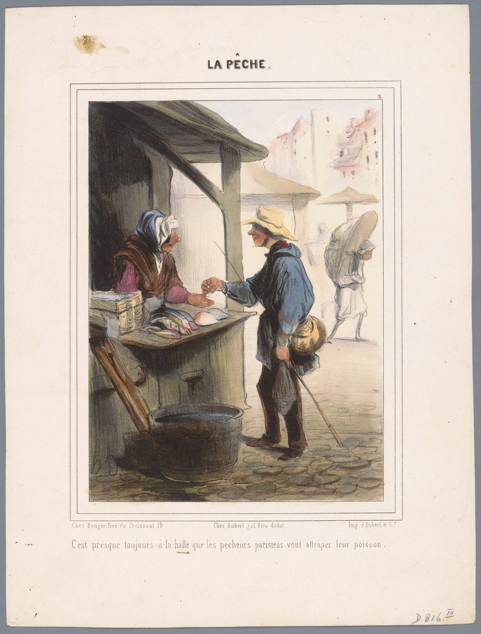 Visser koopt vis in de markthal Szinte mindig a piacon van (...) (cím a tárgyon) Vissers (sorozat címe) Horgászat (sorozat címe a tárgyon) alkotó: Honoré Daumier