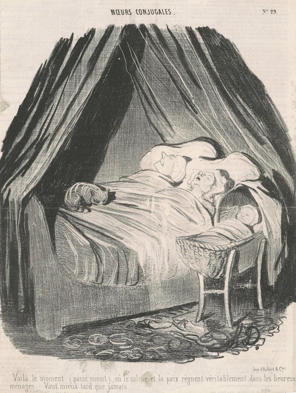 Ez az az idő (éjfél után), amikor igazán nyugalom és béke uralkodik a boldog párokon. Jobb később, mint soha. alkotó: Honoré Daumier