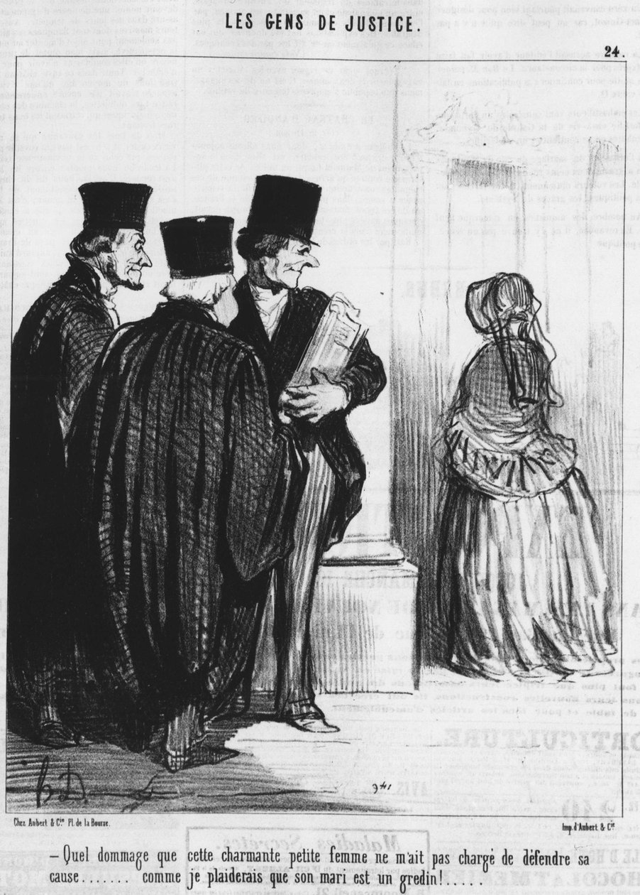 Milyen kár, hogy ez a kedves kis nő nem rótt fel arra, hogy megvédjem az ügyét... mert azt állítanám, hogy a férje egy gazember!... , a Gens de Justice, Honore Daumier igazságszolgáltatásról szóló rajzfilmsorozatából (1808-1879). "Macskazene" alkotó: Honoré Daumier
