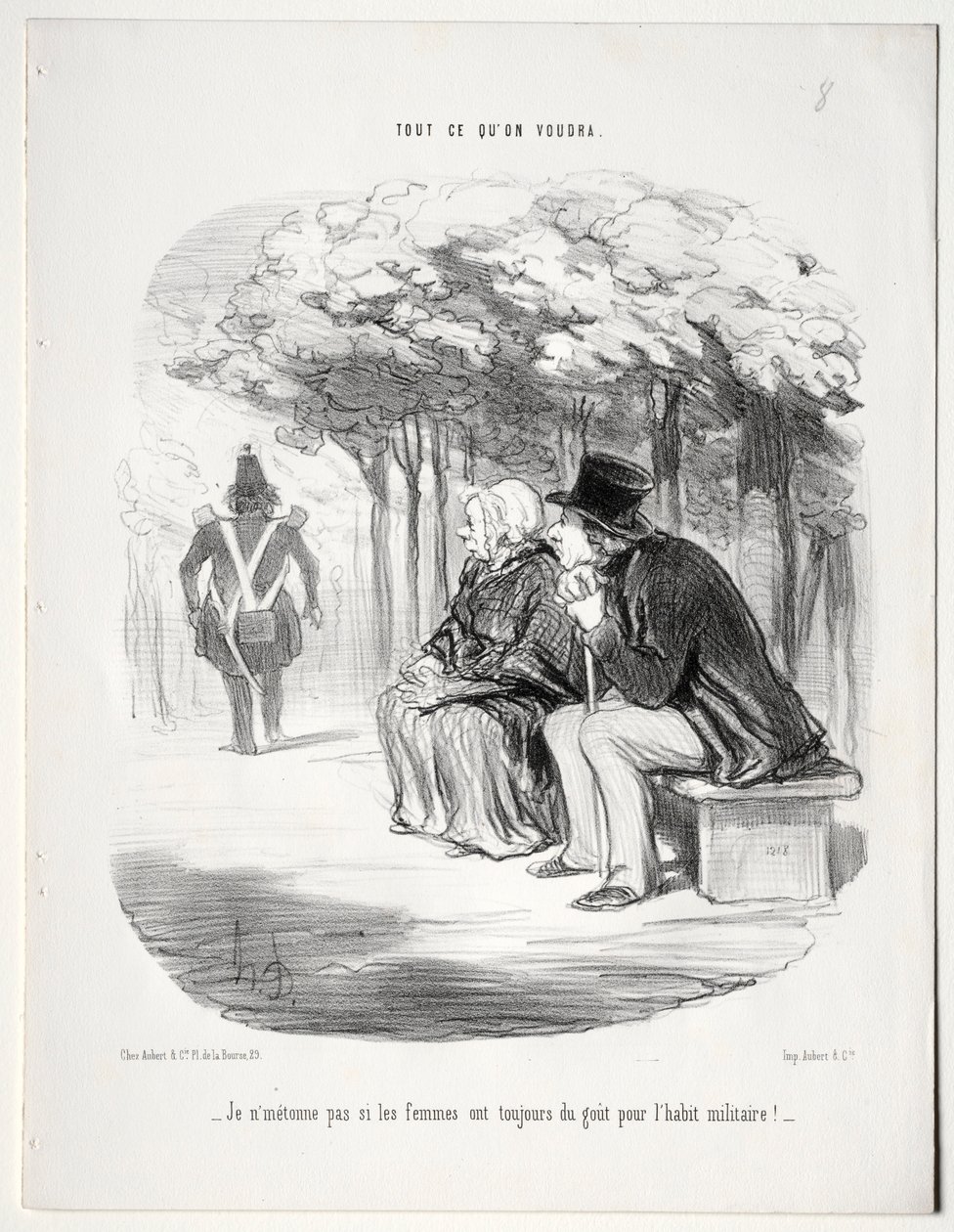 Mit akarsz, 51. tábla: Nem csodálom, hogy a nők mindig is szeretik az 1848-as katonai egyenruhát. alkotó: Honoré Daumier