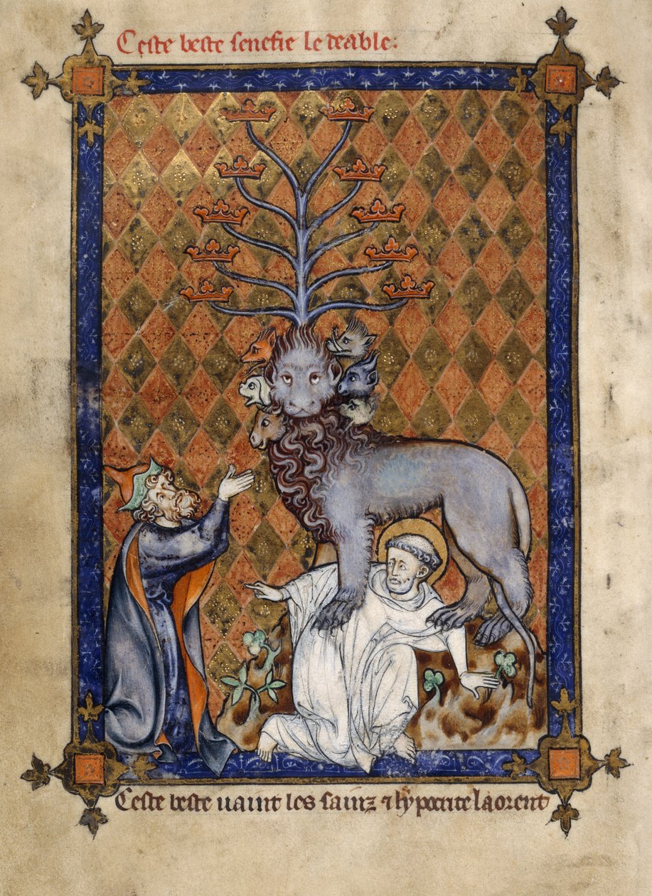 Hozzáadás. 54180, f.14v Az Apokalipszis vadállata, egy szentet tapos, és egy térdelő képmutató imádja, illusztráció Frère Laurent „La Somme le Roy” című művéből (tinta, szín és arany pergamen) alkotó: Honoré Maître