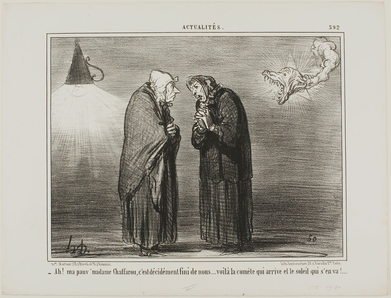 "- Ah, kedves Madame Chaffarou... ez bizonyára a vég... az üstökös jön és a nap elmegy." 392. tábla az Actualitésből. alkotó: Honoré Victorin Daumier