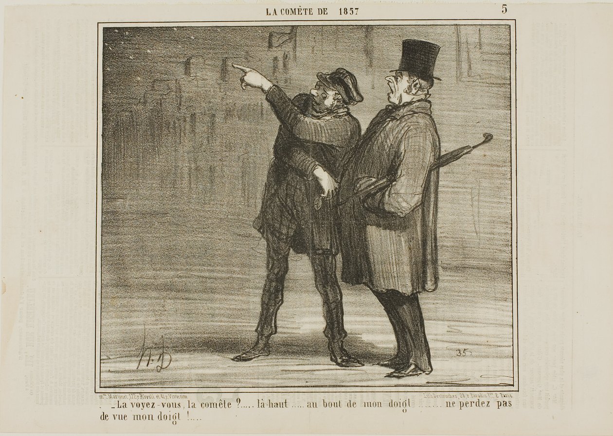 "- Látod az üstököst... csak ott, az ujjam hegyénél ... ne veszítsd szem elől az ujjam hegyét!", 5. tábla a La Comète De 1857-ből. alkotó: Honoré Victorin Daumier