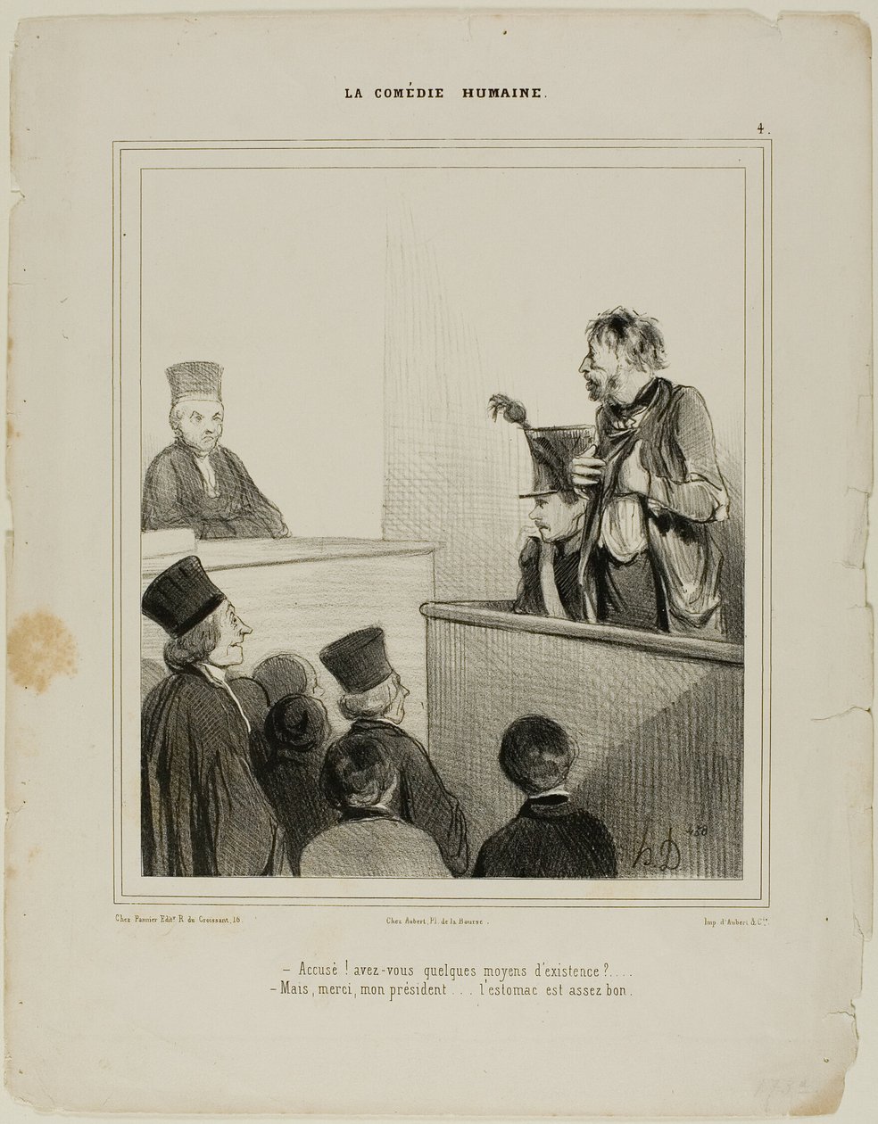 "- Vádlott! Van valamilyen megélhetési forrása - Köszönöm elnök úr.... Elég jó gyomrom van." 4. lemez La Comédie Humaine alkotó: Honoré Victorin Daumier