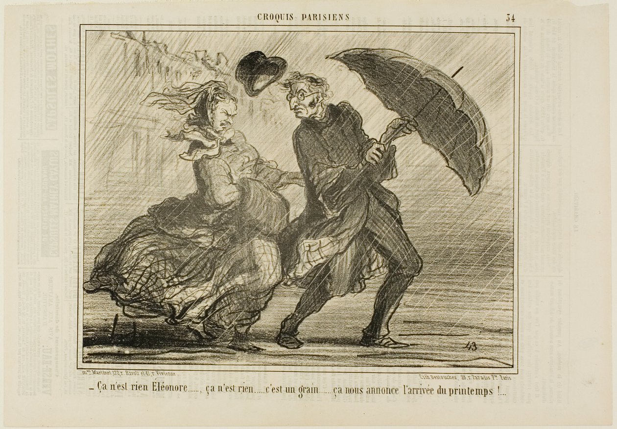 "- Ne aggódj, Eleonore... ez semmiség, csak egy kis szél, amely a tavasz érkezését hirdeti", 34. tányér a Croquis Parisiensből. alkotó: Honoré Victorin Daumier