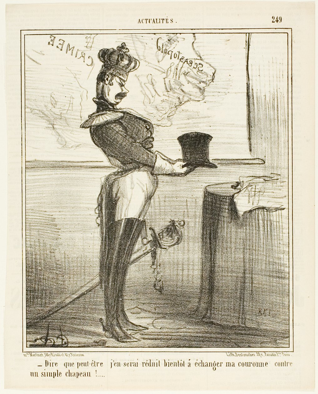 "- Nehéz elképzelni, hogy egy nap talán el kell cserélnem a koronámat egy egyszerű kalapra," 249-es tányér az Actualitésből. alkotó: Honoré Victorin Daumier