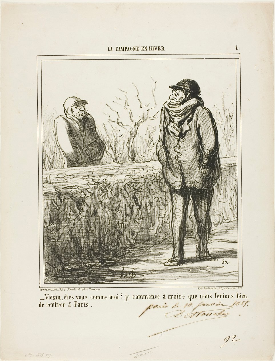 "- Szia, szomszéd, te is olyan vagy, mint én Kezdem azt hinni, hogy jól tennénk, ha visszatérnénk Párizsba." 1. lemez a La Campagne En Hiver című filmből. alkotó: Honoré Victorin Daumier