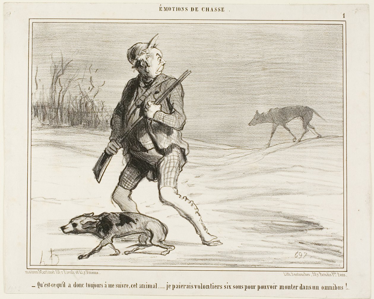 "- Vajon miért követ engem ez a szörnyeteg állandóan Boldogan fizetek 6 sous-t, hogy felugorjak egy buszra." 1. lemez az Émotions De Chasse-ból. alkotó: Honoré Victorin Daumier