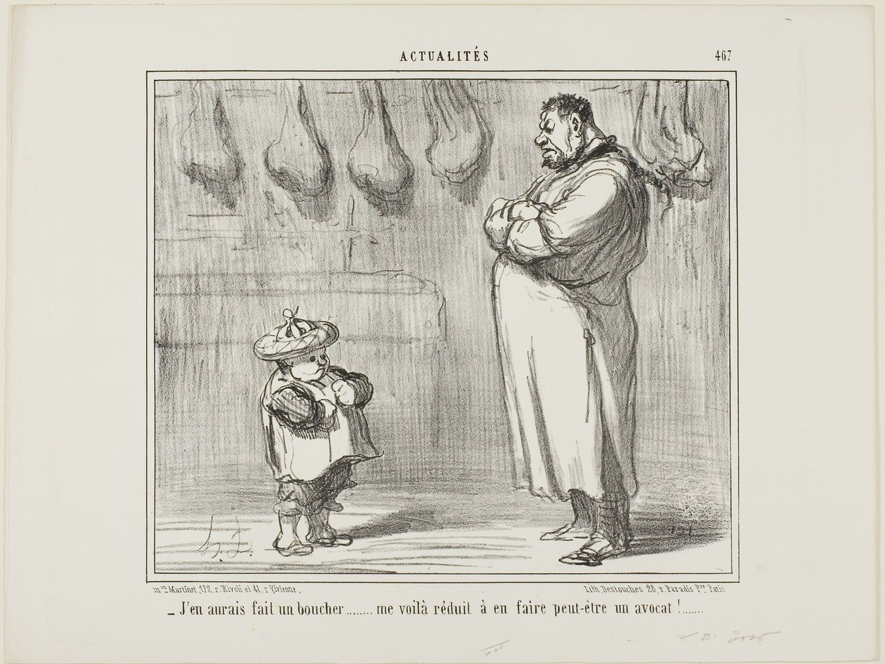 "- Olyan szívesen csináltam volna belőle hentest is... most kénytelen vagyok ügyvédet csinálni belőle." 467. tányér az Actualitésből. alkotó: Honoré Victorin Daumier