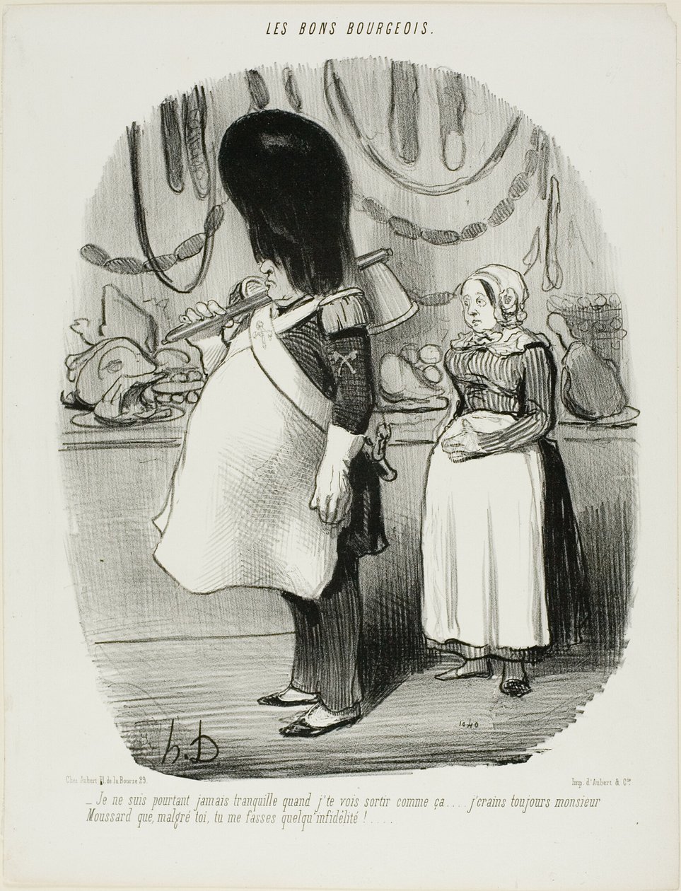 "- Soha nem vagyok nyugodt, ha látom, hogy így kimész... Mindig attól félek, Monsieur Moussard, hogy ön talán hitetlen." 67. tábla a Les Bons Bourgeois-ból. alkotó: Honoré Victorin Daumier