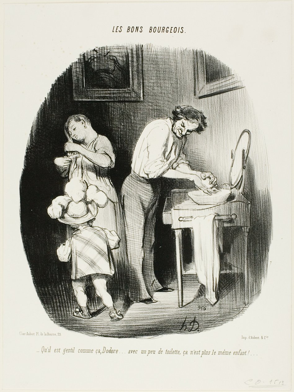 "- Hát nem aranyos, Dodore... egy kis takarítással már nem ugyanaz a gyerek!...", 37-es tányér a Les Bons Bourgeois-ból. alkotó: Honoré Victorin Daumier