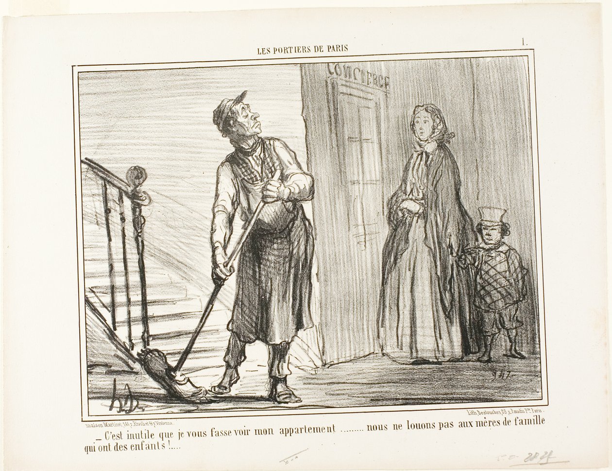 "- Hiába mutatom meg a lakásomat. Nem adjuk ki gyermekes anyáknak." 1. tábla a Les Portiers De Parisból. alkotó: Honoré Victorin Daumier