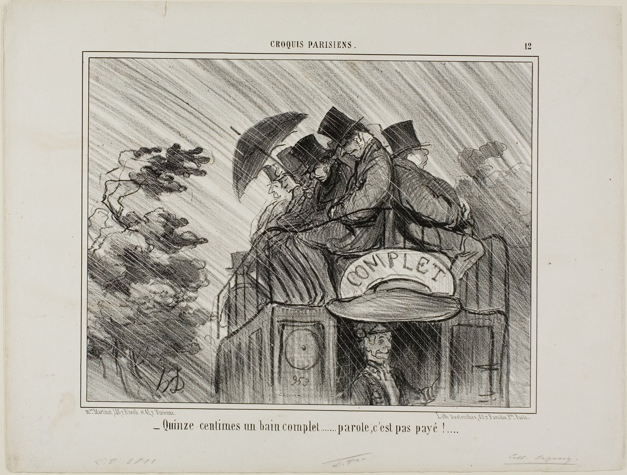 "- Csak 15 cent egy teljes fürdőért.... micsoda üzlet!", 12. tányér a Croquis Parisiensből. alkotó: Honoré Victorin Daumier