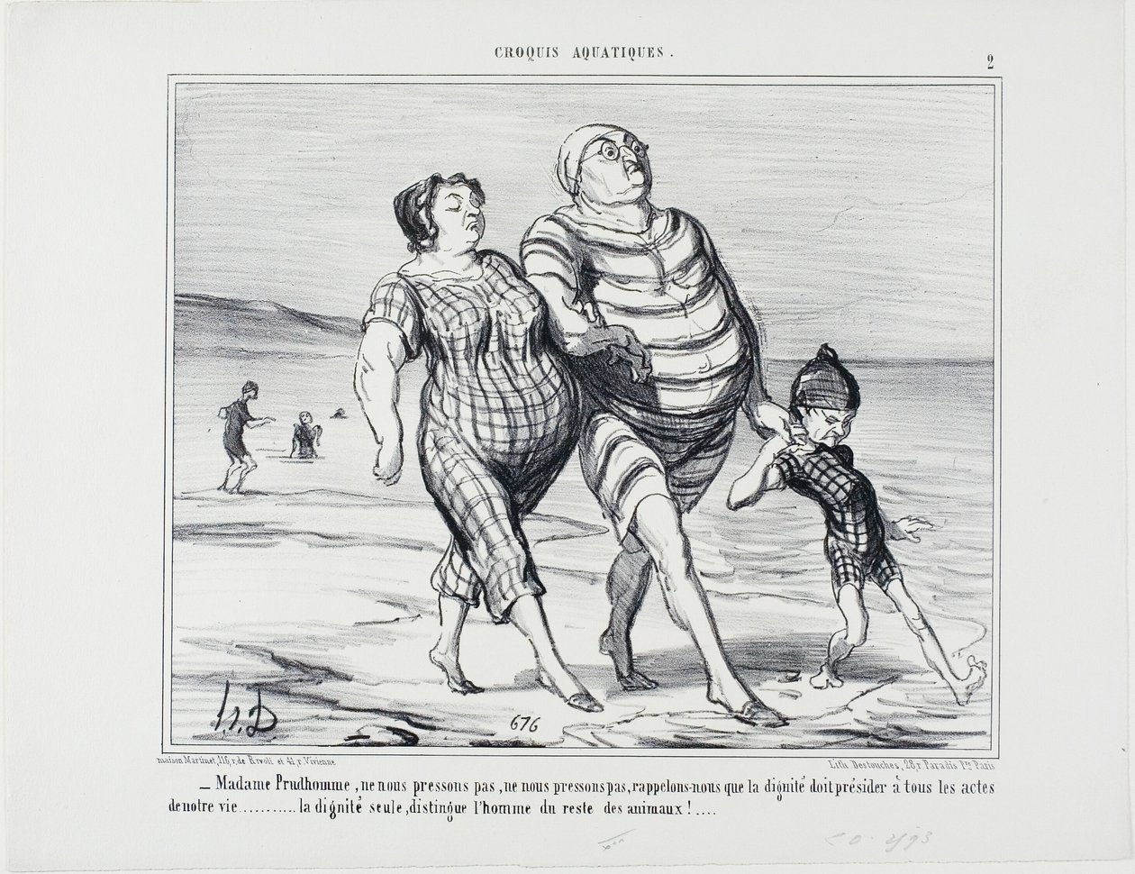 "- Madame Prudhomme, ne siessünk, emlékezzünk arra, hogy a méltóságnak kell uralkodnia az élet minden cselekedete felett... egyedül a méltóság különbözteti meg az embert a többi állattól." 2. tábla a Croquis Aquatiques-ból. alkotó: Honoré Victorin Daumier