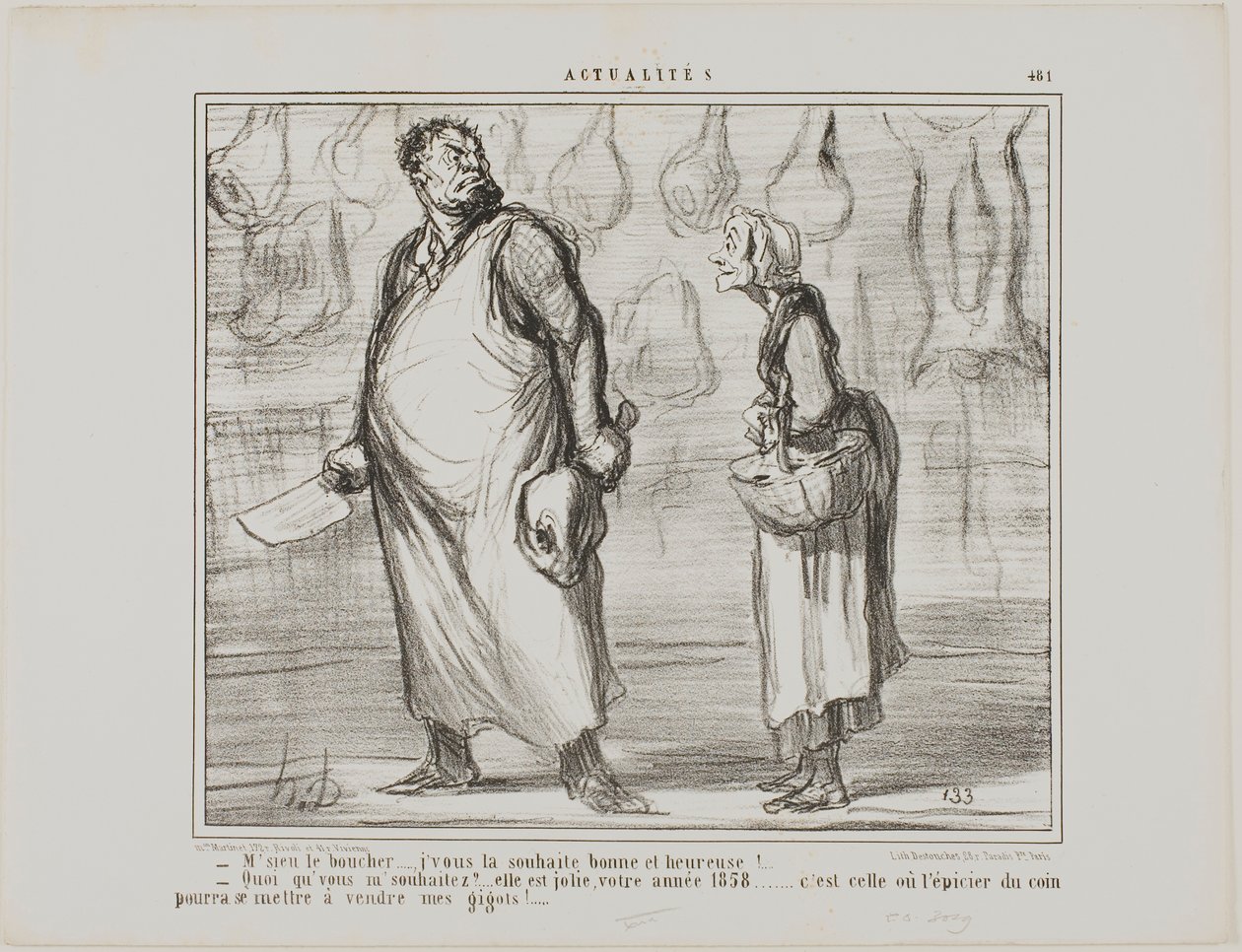 "- Mészáros úr, boldog és egészséges új évet kívánok önnek... - Mit Szép lesz ez az 1858-as év... minden sarki fűszeres eladhatja majd a birkahúsomat!...", 481. tányér az Actualitésből. alkotó: Honoré Victorin Daumier