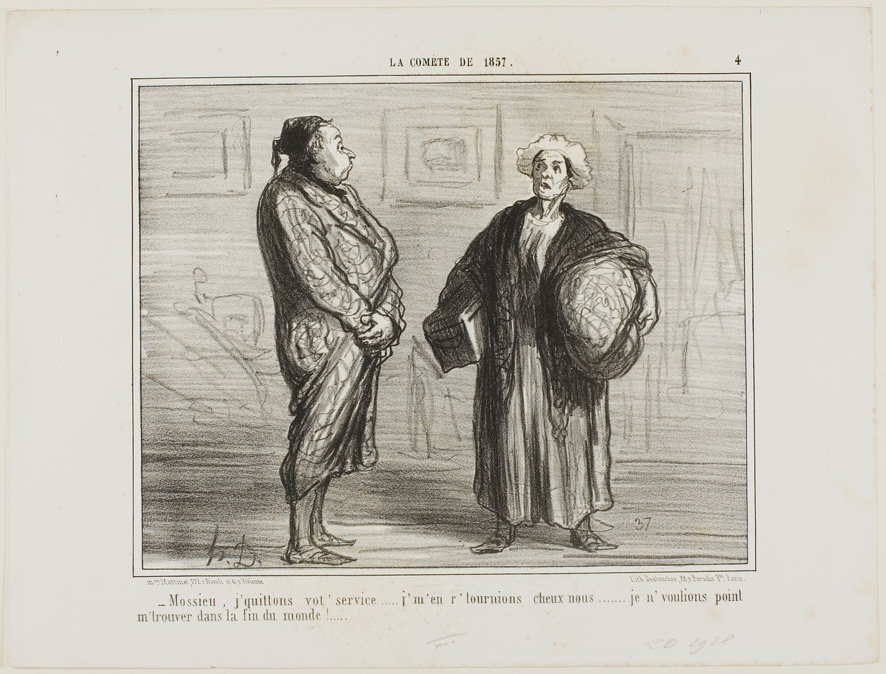 "- Monsieur, kilépek a szolgálatából, hazamegyek... Nem akarok itt lenni, amikor a világ véget ér." 4. tábla a La Cométe De 1857-ből. alkotó: Honoré Victorin Daumier
