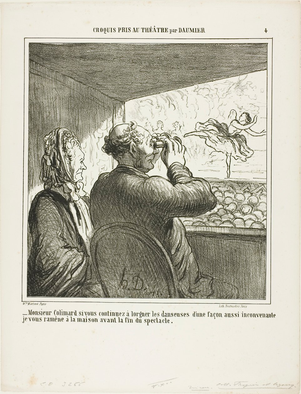 "- Colimard úr, ha nem hagyja abba azonnal a táncosok ilyen illetlen bámulását, még az előadás vége előtt hazaviszem!", 4. tábla a Croquis Pris Au Théatre par Daumier-ból. alkotó: Honoré Victorin Daumier