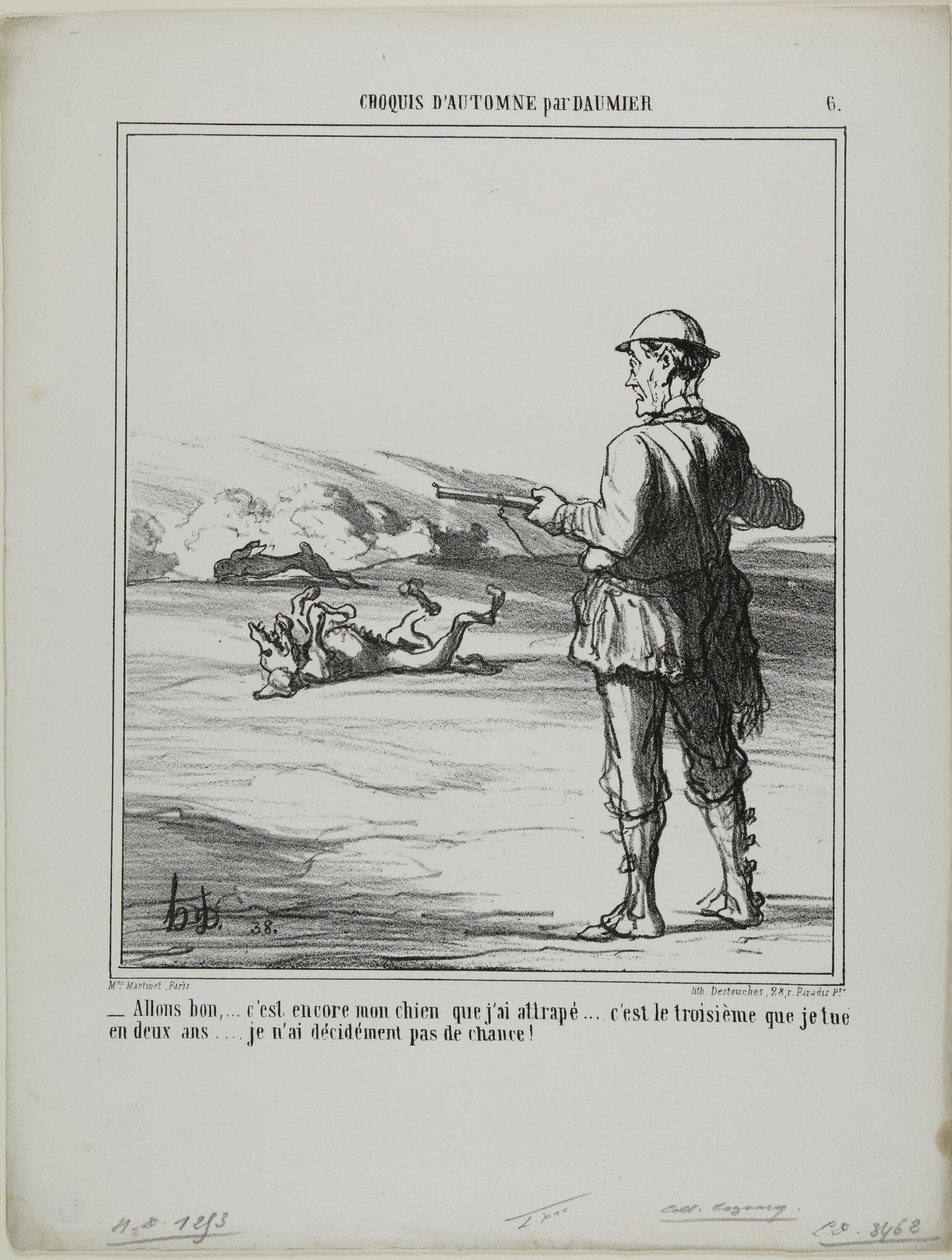 "- Ó, a fenébe! .... megint a saját kutyámat lőttem le..... ez a harmadik két év alatt.... Tényleg nem vagyok túl szerencsés a vadászatban!", 6. tábla a Croquis D