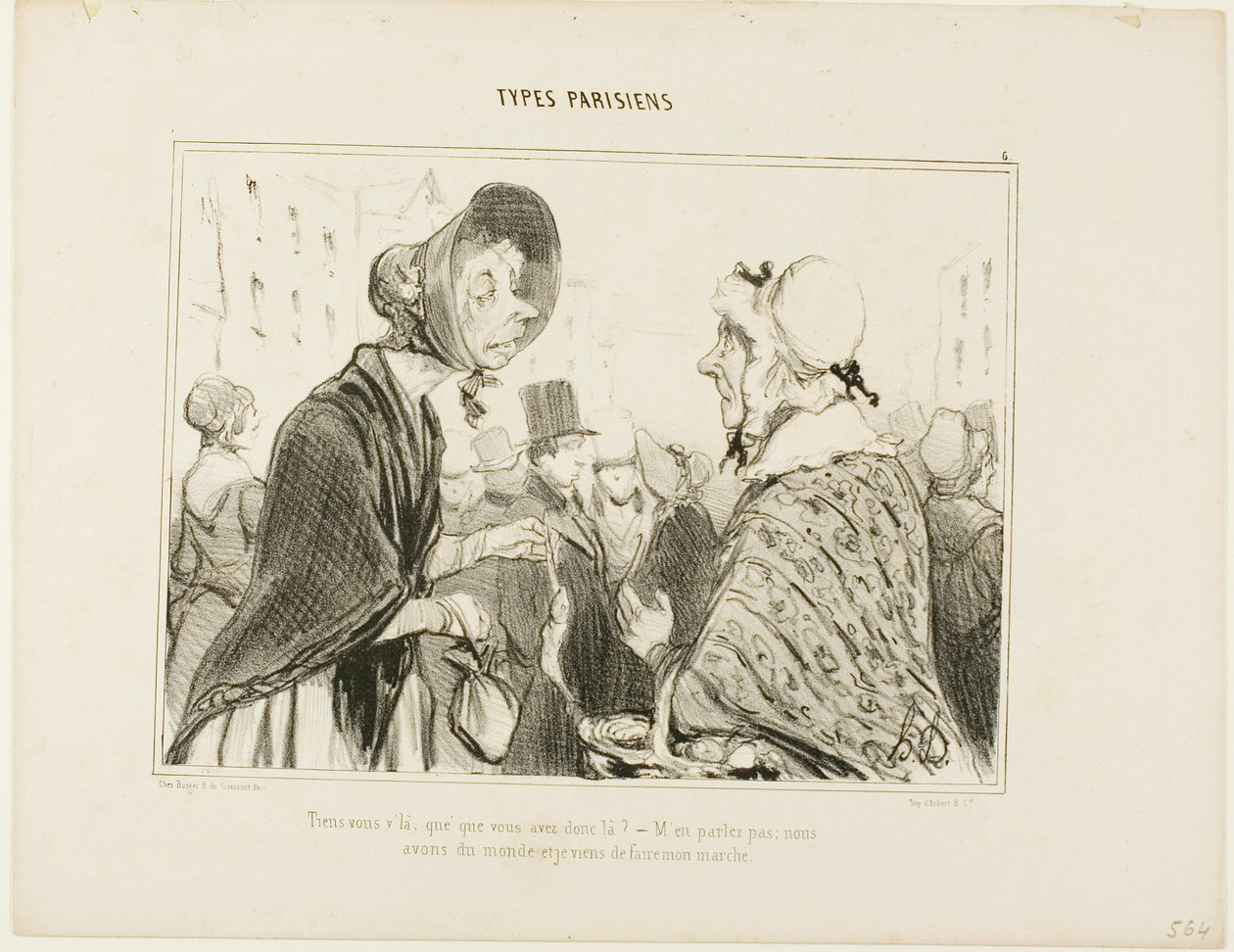 "- Ó, hát itt vagy..... mi van ott..... - Ne beszéljünk róla.... vendégeket várunk, és én most vásároltam be." 6. tányér a Types Parisiensből. alkotó: Honoré Victorin Daumier