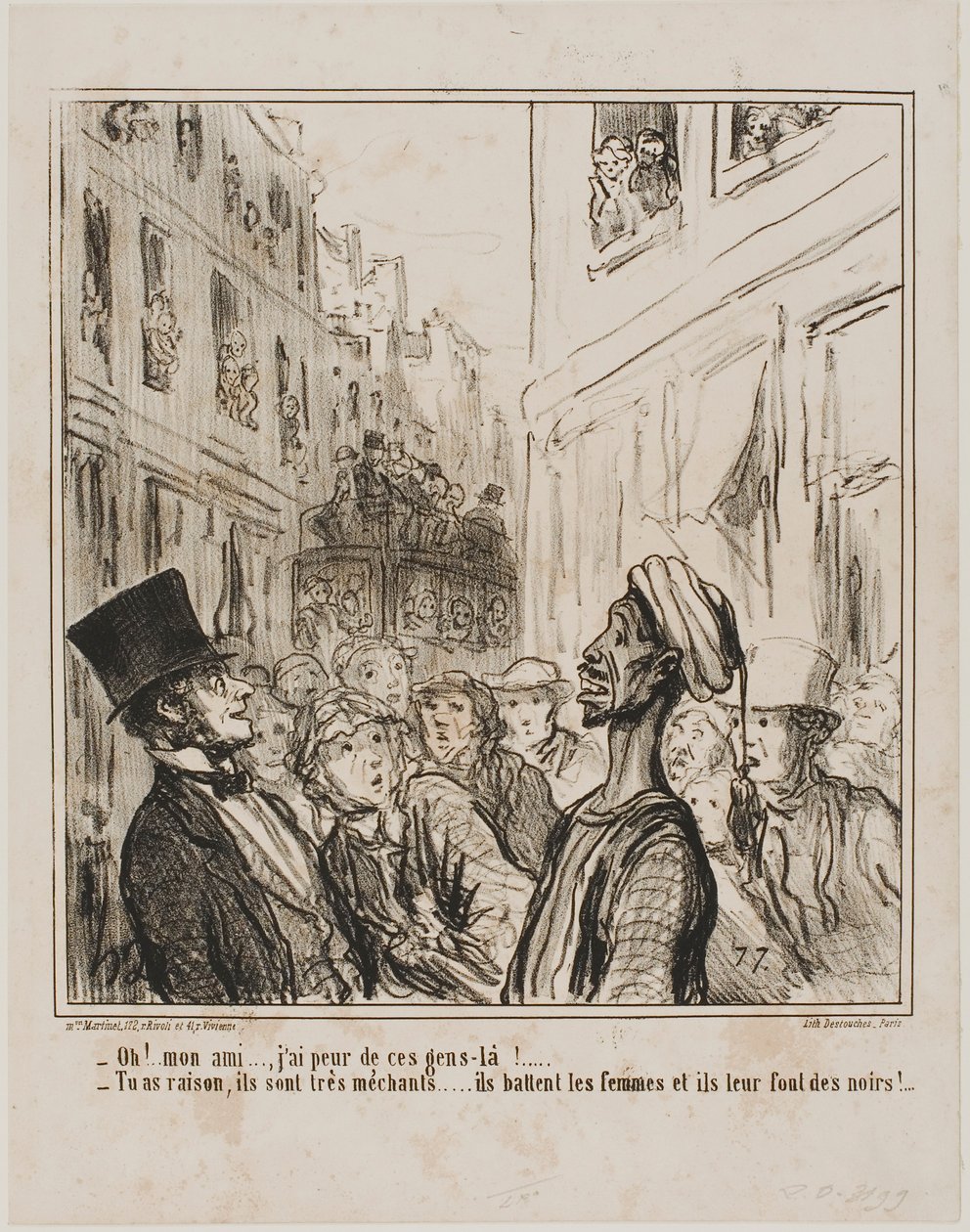 "- Ó, barátom... Félek ezektől az emberektől. - És joggal... eléggé gonoszak, verik az asszonyaikat, és fekete gyerekeket szülnek nekik!", 101-es tábla az Actualitésből. alkotó: Honoré Victorin Daumier