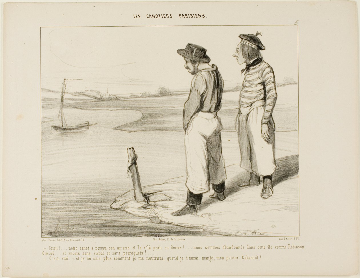 "- A hajónk elengedte a horgonyt és elsodródott.... ezen a magányos szigeten ragadtunk, mint Robinson Crusoe... és nincs mit enni, és nincs papagájunk.... - Ez igaz.... és tényleg nem tudom, mit egyek, ha egyszer felfaltalak, szegény Cabassol!"," alkotó: Honoré Victorin Daumier