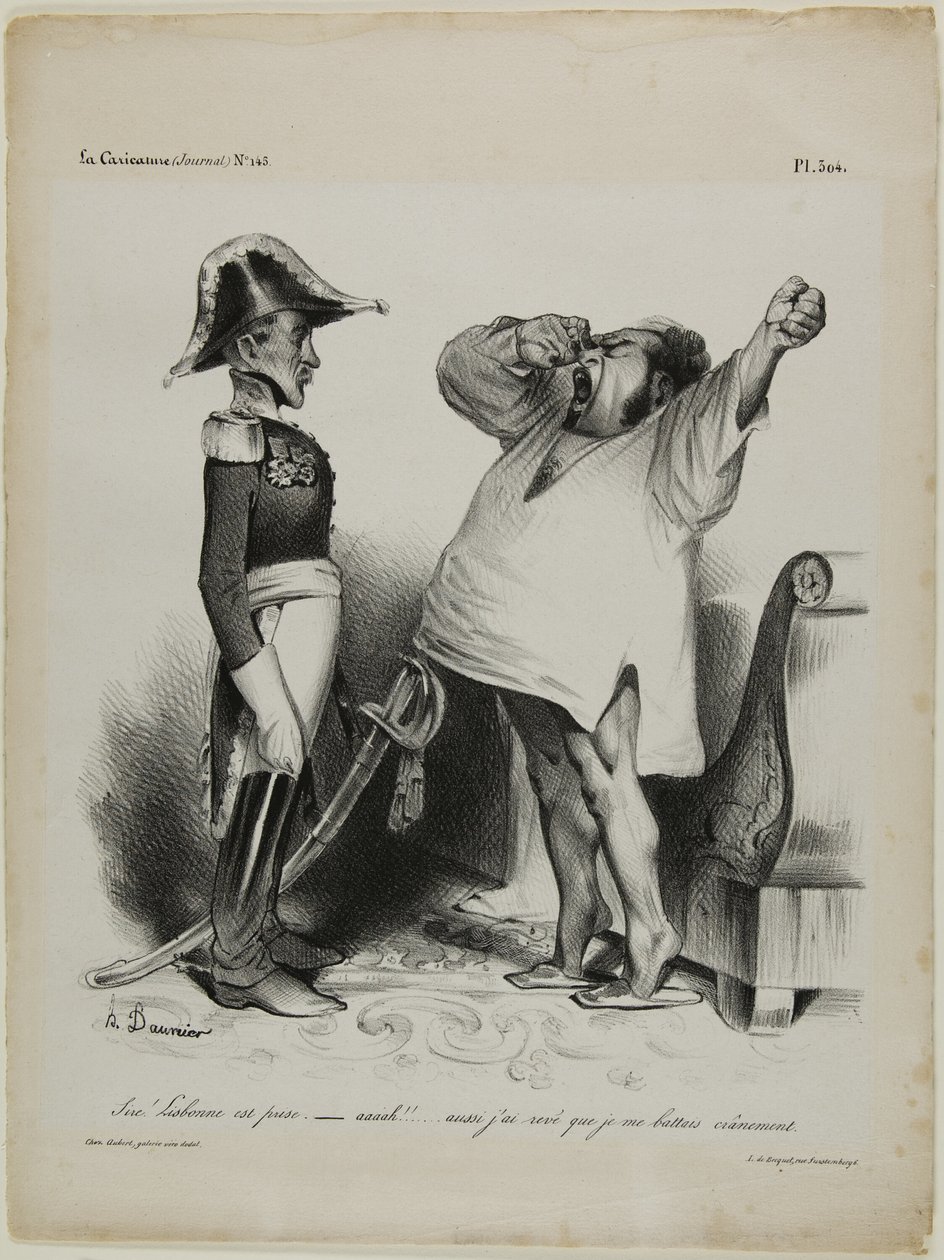 "- Uram! Lisszabont elfoglalták. - Aaaah!!.... és én azt álmodtam, hogy bátran harcoltam!" 304. tányér. alkotó: Honoré Victorin Daumier