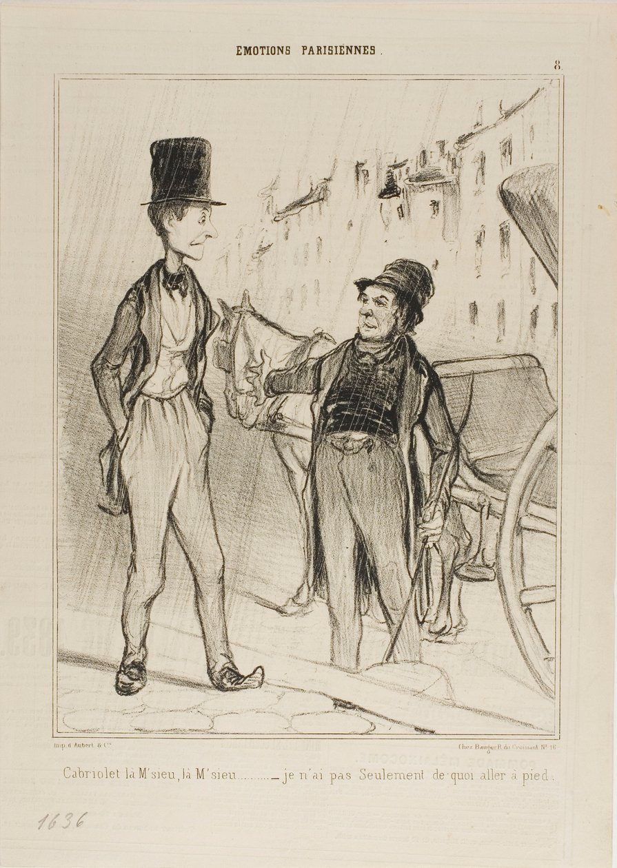 "- Taxi Monsieur Taxi - Még arra sincs elég pénzem, hogy gyalogoljak", 8. tányér az Émotions De Parisiensből. alkotó: Honoré Victorin Daumier