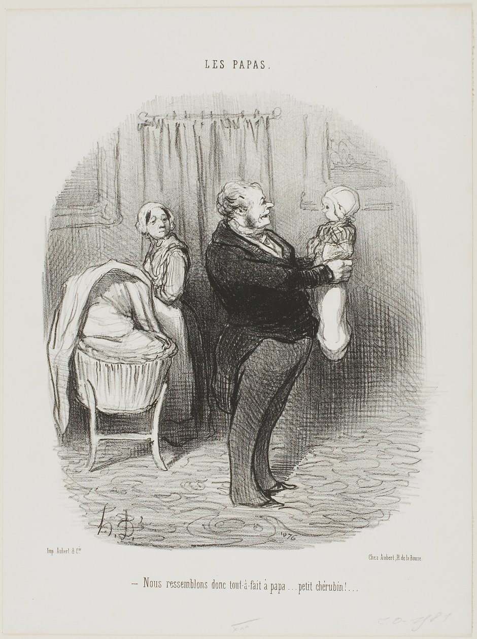 "- Tényleg úgy nézünk ki, mint a papa, ugye... kis Cherub!", 14. tányér a Les Papasból. alkotó: Honoré Victorin Daumier