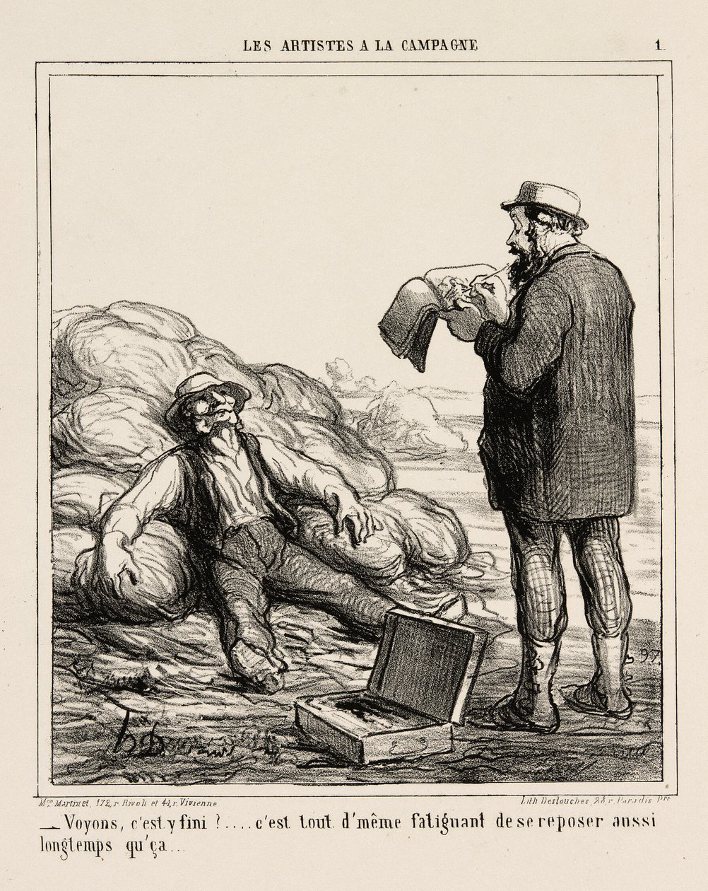 "- Na, végre befejezted... végül is fárasztó ilyen hosszú ideig pihenni", 1. tányér a Les Artistes A La Campagne-ból. alkotó: Honoré Victorin Daumier