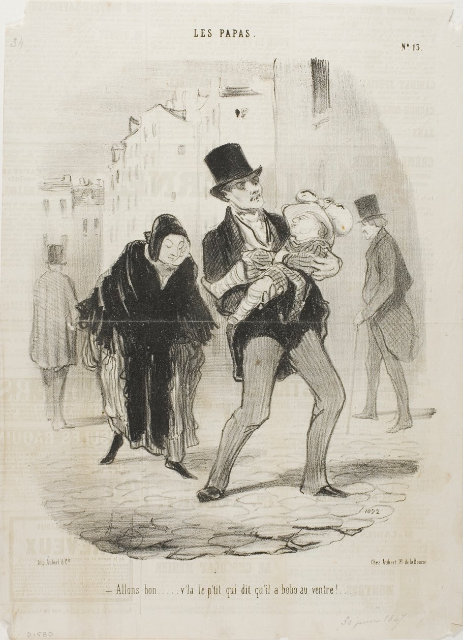 "- Igen, rendben, de szegény fiúnak fáj a hasa", 13. tányér Les Papasból. alkotó: Honoré Victorin Daumier